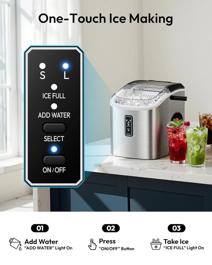 EUHOMY Ice Maker Countertop, 9 Cubes Ready in 6 Mins, 26lbs/24H, Self-Cleaning, Portable Ice Maker Machine with Carry Handle, Basket and Scoop, 2 Sizes of Bullet Ice for Home, Kitchen, Office