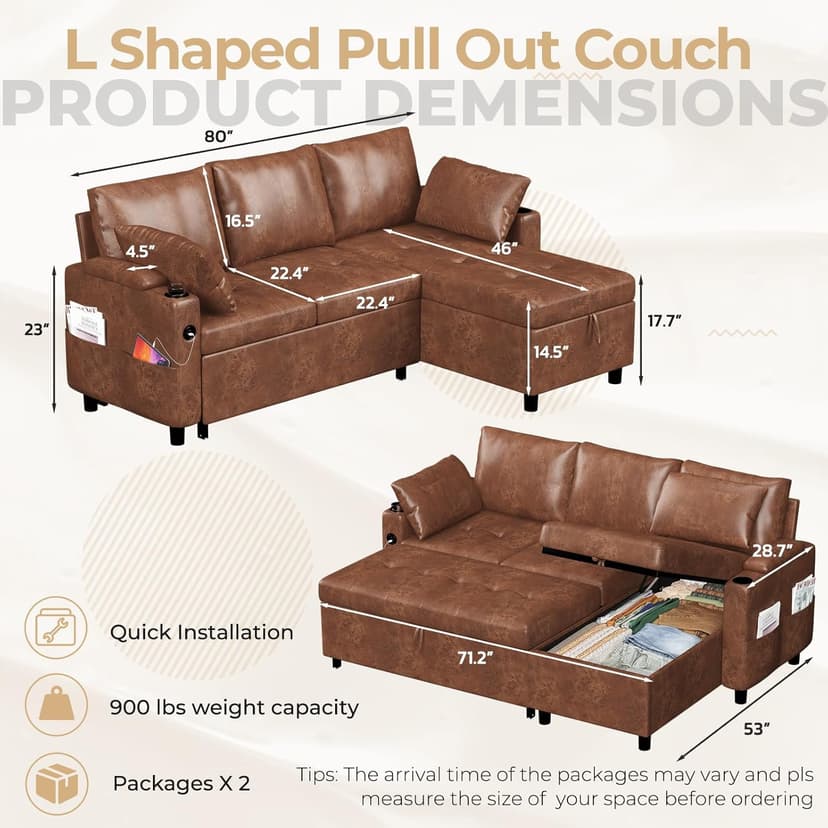 JFHID Leather Sleeper Sofa Couch with Pullout Bed, 80'' Sofa Bed Pull Out Couch with Reversible Storage Chaise, Sectional Couches with USB Charging Ports&Cup Holders for Living Room, Brown