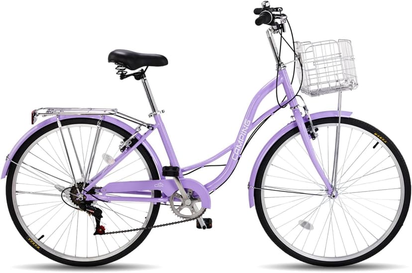 26" Cruiser Bike Commuter Bike 7 Speed Women's Bicycle Beach Cruiser with Ergonomic Upright Design, Adjustable Saddle, Dual Fenders & V Brake and High Carbon Steel Frame