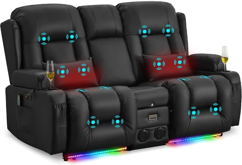 URRED Power Loveseat Recliner Sofa with Massage and Heat, Wall Hugger Reclining Loveseat with Console, RV Couch Home Theater Seating with LED Lights for Living Room (Black, 67" - 2 Seats)