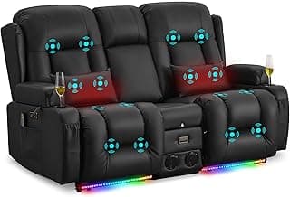 URRED Power Loveseat Recliner Sofa with Massage and Heat, Wall Hugger Reclining Loveseat with Console, RV Couch Home Theater Seating with LED Lights for Living Room (Black, 67" - 2 Seats)
