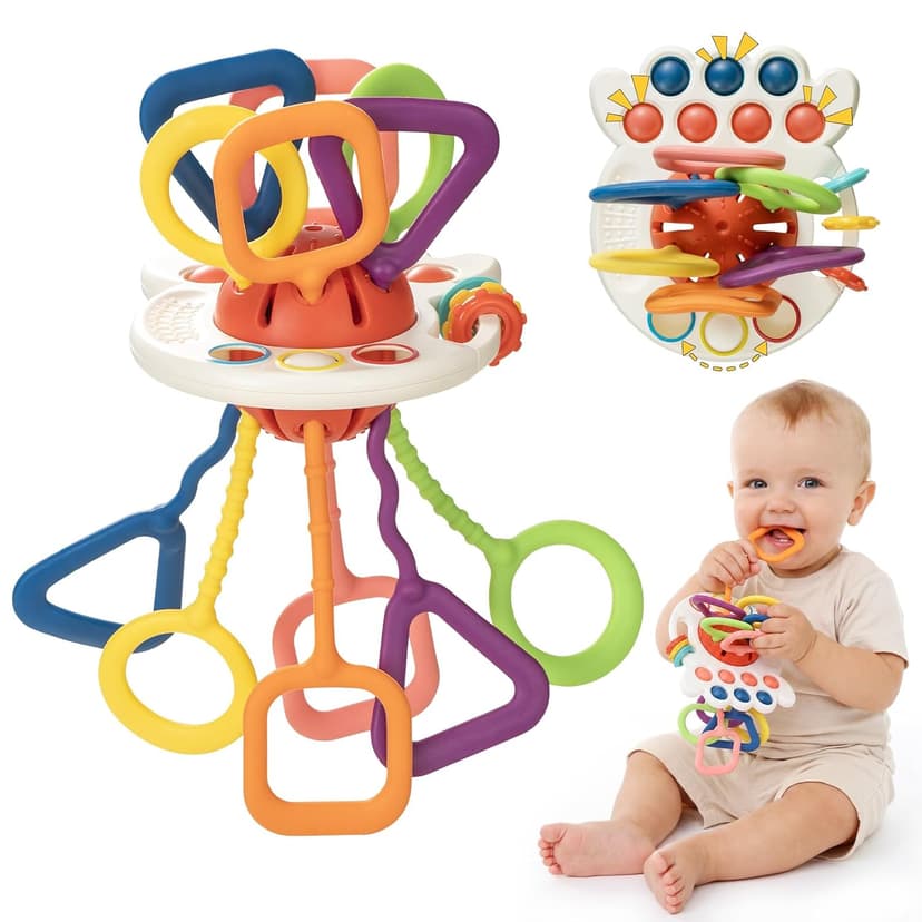 Silicone Teething and Car activities, Baby Shower Gifts for Infant 6-12 Months, 1 Year Old Boy and Girl Montessori Pull String Sensory Toy for Toddlers B0GZ3TLLZM