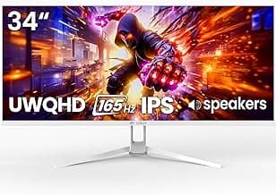 CRUA 34'' White Gaming Monitor, 165HZ/144HZ, WQHD(3440x1440P) IPS UltraWide Screen Computer Monitors with Built-in Speakers, Supports FreeSync, 120% sRGB, HDMI 2.0 & DP 1.4, Wall Mountable Installs