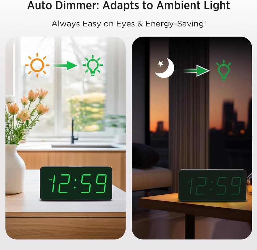 Peakeep Battery Operated Digital Alarm Clock for Bedrooms - Cordless Large Big Numbers 4 Dimmers, Auto Dimming for Seniors, Adjustable Volume Loud Alarm Clock for Heavy Sleepers Adults (Green Digits)