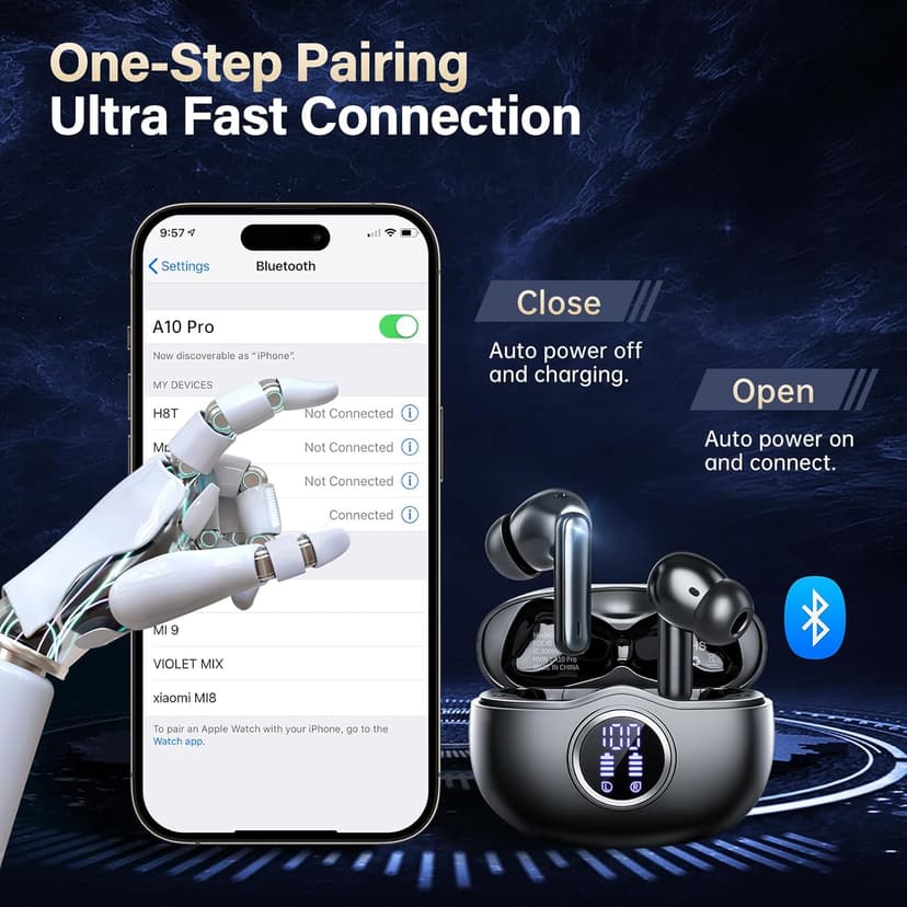 Fhumsh A10 Pro Wireless Earbuds, Bluetooth 5.3 Headphones HiFi Stereo 50H Playback LED Digital Display Ear Buds with ENC Noise Canceling Headset, IPX7 Waterproof Earphones for Gym/Running/Work, Black