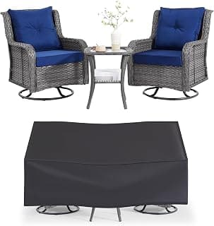 Wumiokio Patio Furniture Sets, 3 Pieces Wicker Outdoor Furniture - 360 Degree Swivel Rocking Chairs and Rattan Side Table for Garden,Porch,Backyard (Grey Wicker/Blue Cushion, 3PCS - Swivel Chairs)