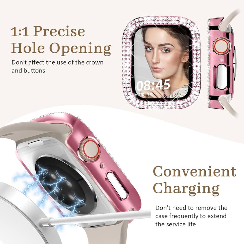 Newlibery Bling Watch Case with HD Screen Protector Women Compatible with Apple Watch 40mm Diamond Protective PC Face Cover Frame Protector for iWatch Series 6/5/4/SE/SE2/SE3 Pink