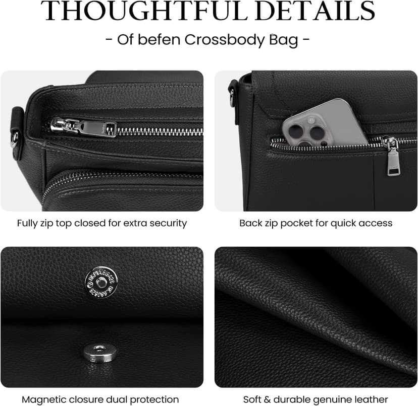 befen Genuine Leather Crossbody Bags for Women with Built in RFID Wallet Medium Womens Saddle Bag Cross Body Purse