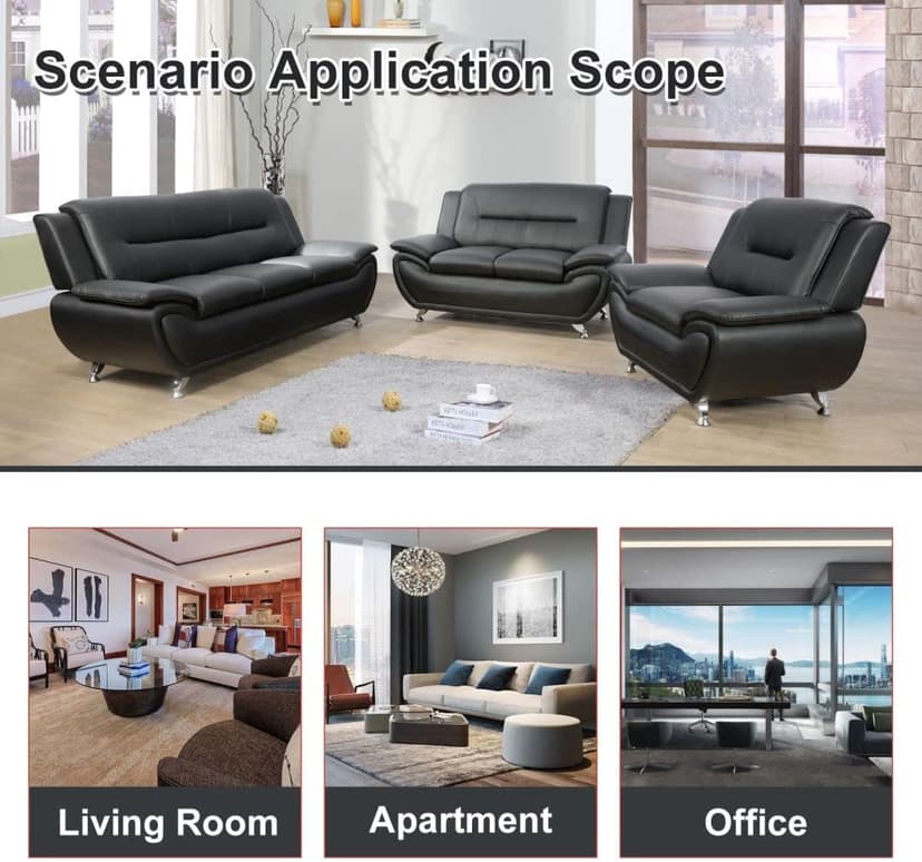 Ocstta Modern 3 Piece Living Room Couch Set, Faux Leather Sofa Set, Black