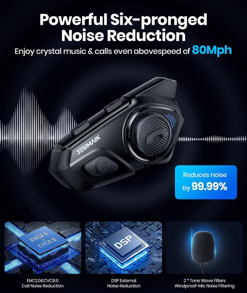 JESIMAIK Motorcycle Helmet Bluetooth Headset, 10 Way 2KM Helmet Communication System, Multitasking Audio Motorcycle Intercom, 2 Mics&40mm Speaker (1 Pack)