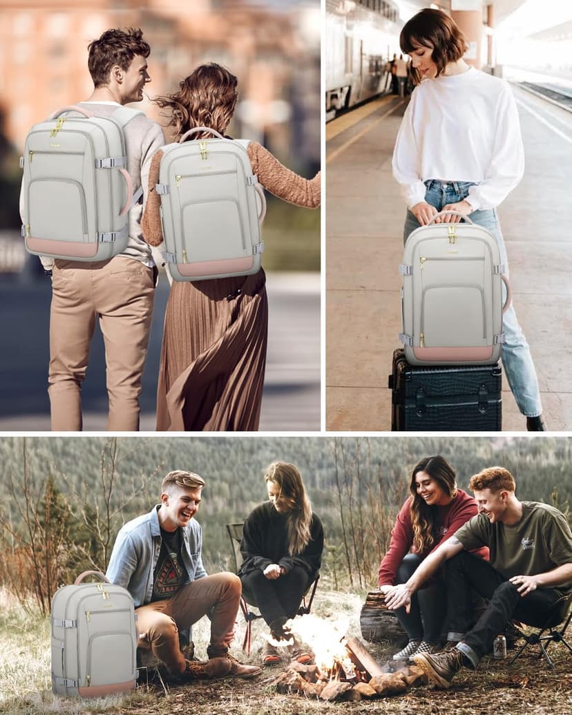 LOVEVOOK Travel Backpack For Women, 40L Carry On Backpack Flight Approved, TSA Personal Item Travel Bag Fits 17 Inch Laptop, Business Weekender Overnight Waterproof Daypack With 2 Cubes, Grey-Pink