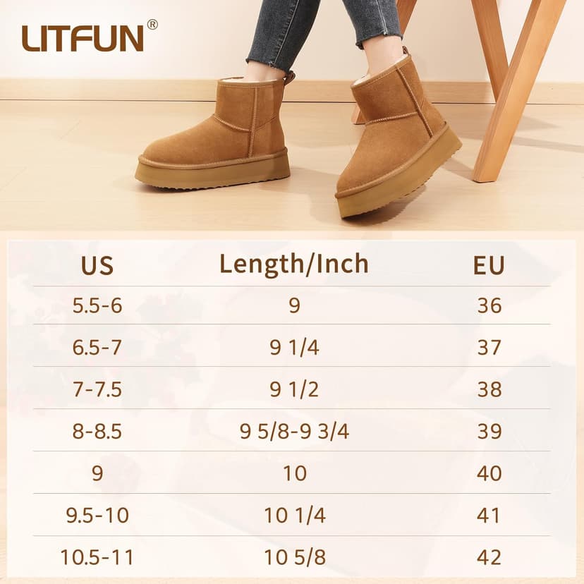 Litfun Suede Platform Mini Boots for Women Genuine Leather Fuzzy Ankle Winter Snow Boots with Fur Lined
