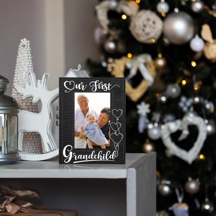 FLYAB First Time Grandparents Picture Frame - Our First Grandchild Leather Photoframe for New Grandparent Christmas Gifts for First Time Grandma Picture Frame Grandparents' Day Gifts
