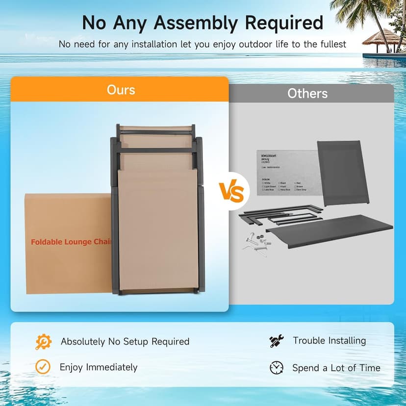 ONBRILL Aluminum Chaise Lounge Chair Outdoor, Foldable & Assembly Free Outdoor Lounge Chair with 5 Position Adjustable Backrest, Patio Pool Lounge Chairs for Outside Poolside Beach Lawn, 1PC, Khaki