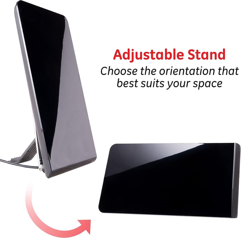 GE Flat Panel Indoor HD Digital TV Antenna, Long Range Smart TV Antenna, Supports 4K 1080P HD Smart TV VHF UHF, Extendable Dipole Rabbit Ears, Adjustable Stand, 5ft Coax HDTV Cable, 33681