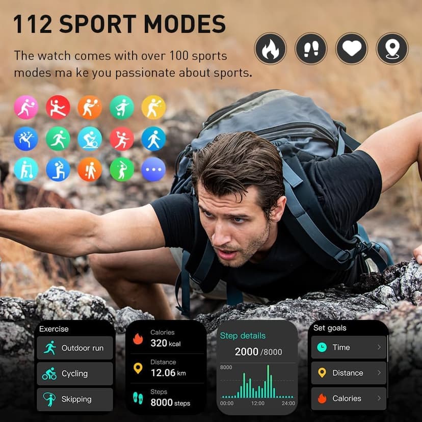 Smart Watch(Answer/Make Call), 1.96" HD Smartwatch for Men Women, 2025 Fitness Watch with 110+ Sport Modes/Heart Rate/Sleep Monitor/Pedometer, IP68 Waterproof Fitness Activity Tracker for Android iOS