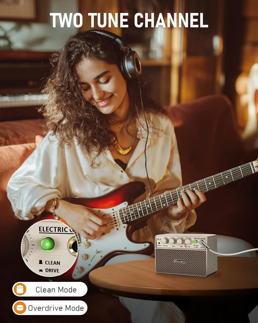 Flatsons FBA-10 Guitar Amp, 10W Mini Electric Guitar Amplifier with Clean/Drive Channel, 6H Work, USB-C Rechargeable, 3.5mm Headphone/AUX, Wireless Portable Amp for Indoor Practice, Travel (White)
