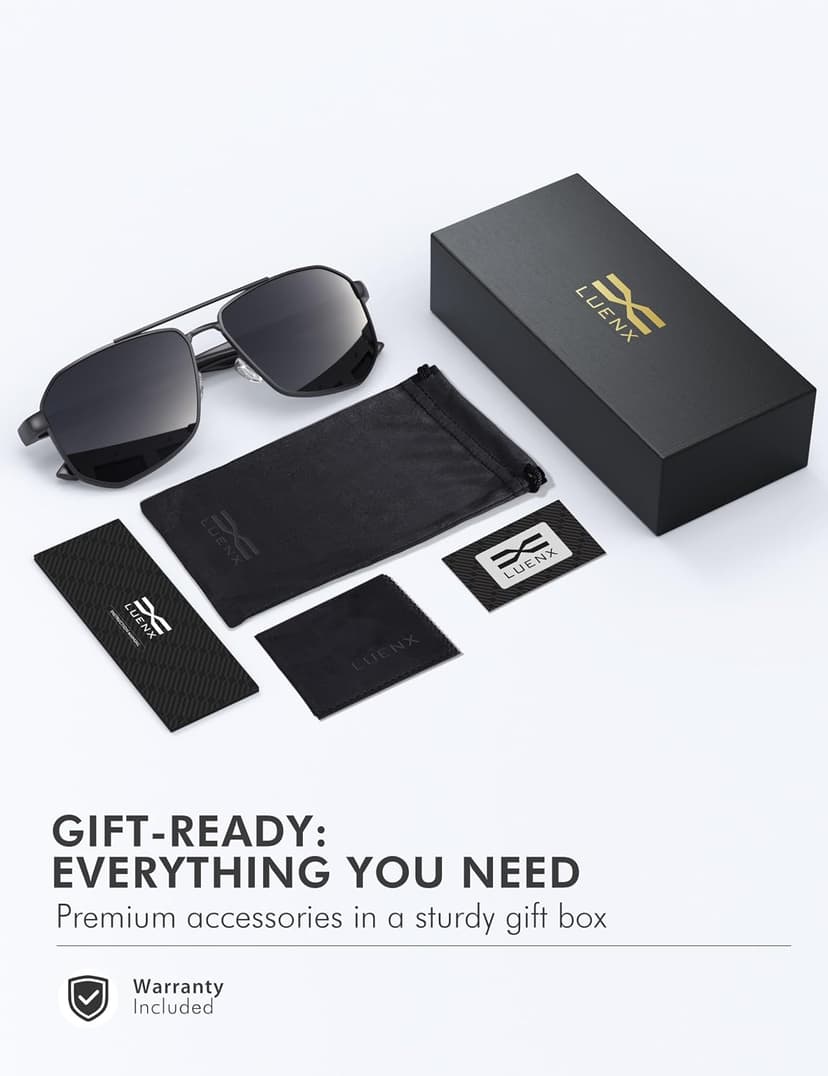 LUENX Aviator Sunglasses for Men Square Polarized Polygon Lens - UV 400 Protection with Accessories 61MM Driving Outdoor