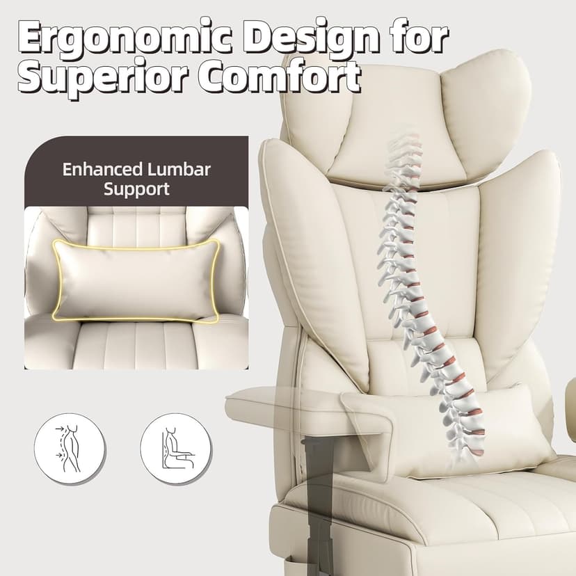 Massage Office Chair with Heat - 6 Points Vibration 400LBS Leather Reclining Office Chair with Lumbar Pillow, Adjust Headrest and Armrest, Executive Desk Chair for Home Office, Beige