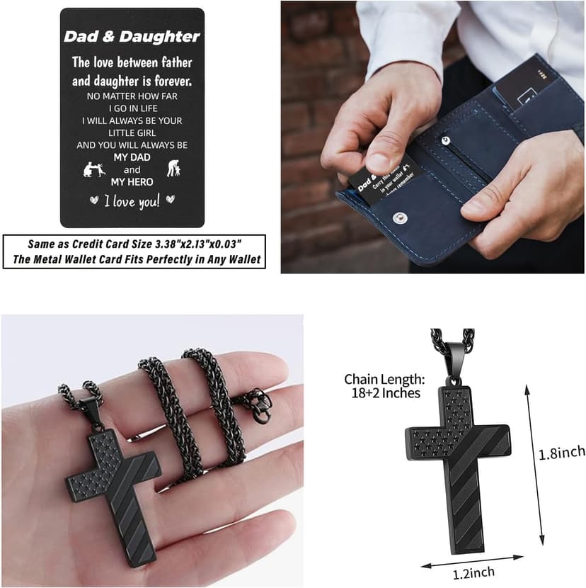 Gift for Dad, Cross Necklace Wallet Card for Dad, Father's Day Birthday Christmas Gift for Father from Daughter Son