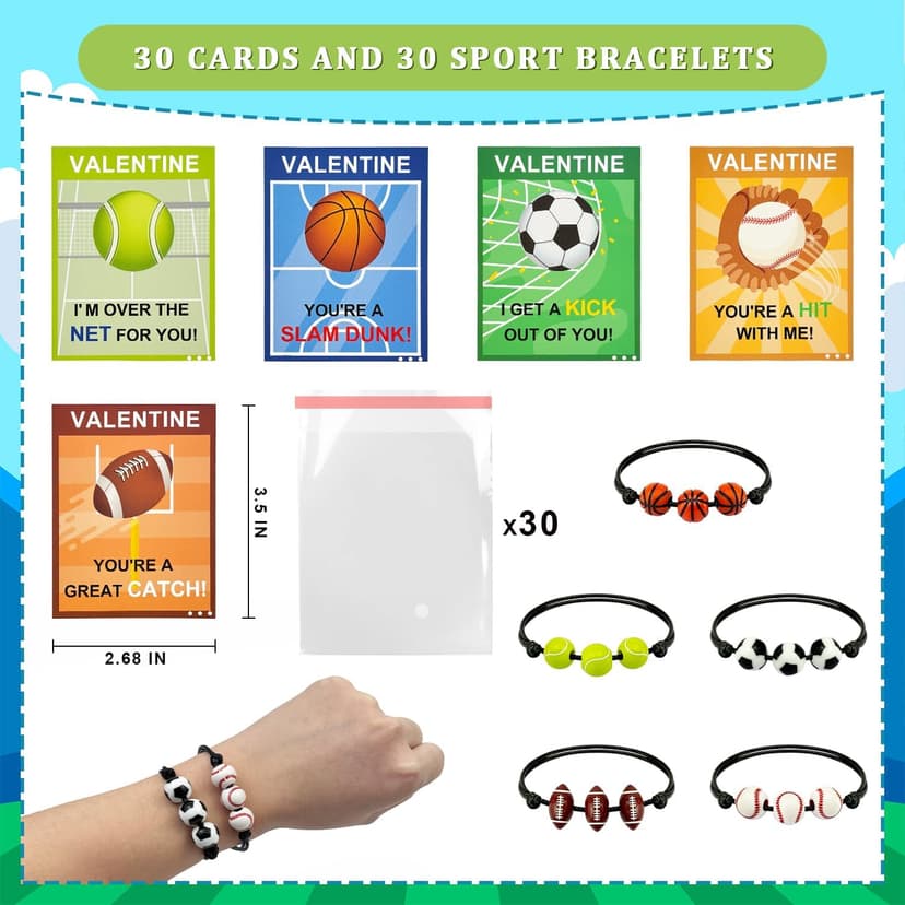 Sports Bracelet Valentines Day Gifts for Kids School Classroom,30 Pack Adjustable Bracelets w/ Cards for Toddler Boy Girl,Valentine Non Candy Treats Party Favor Goodie Bag Stuffers Prizes for Class