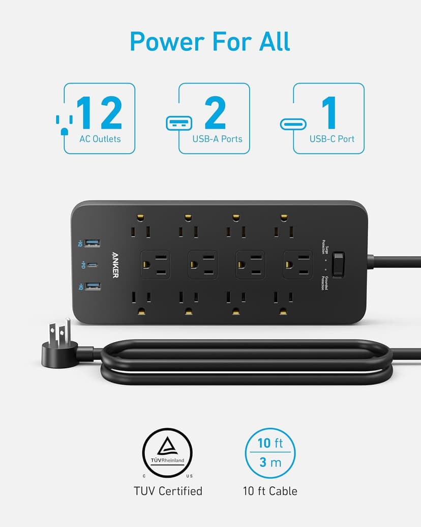 Anker Power Strip with 3 USB Ports, Surge Protector (2100J-10ft), 12 Outlets, 2 USB-A Ports and 1 USB-C Port, Works with iPhone 16/16 Plus/16 Pro/16 Pro Max, for Home, Office, TUV Listed