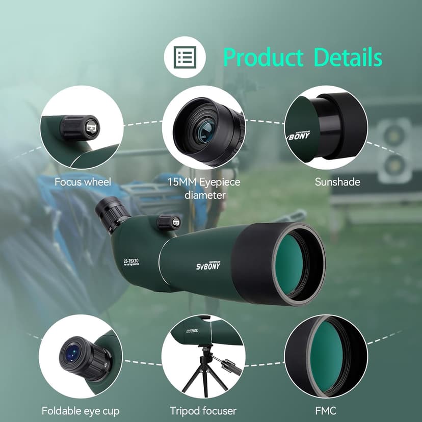 SVBONY SV28 Spotting Scopes with Tripod, Angled 25-75x70mm Spotter Scope with Phone Adapter, Waterproof Fogproof Spotting Scope for Bird Watching, Target Shooting, Wildlife Viewing