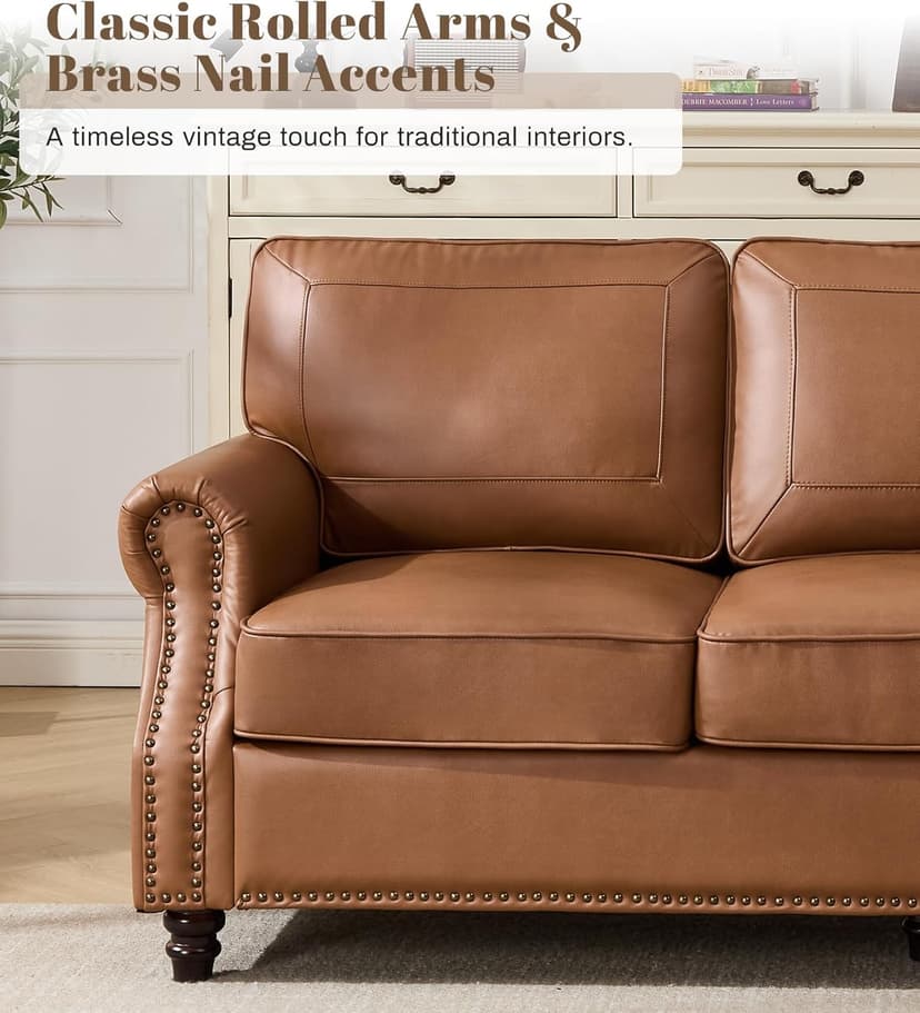 Kingfun Mid-Century Modern Couch, Faux Leather Sofa, 3 Seater Couch for Living Room with Rolled arms & Nailhead Trim, Brown