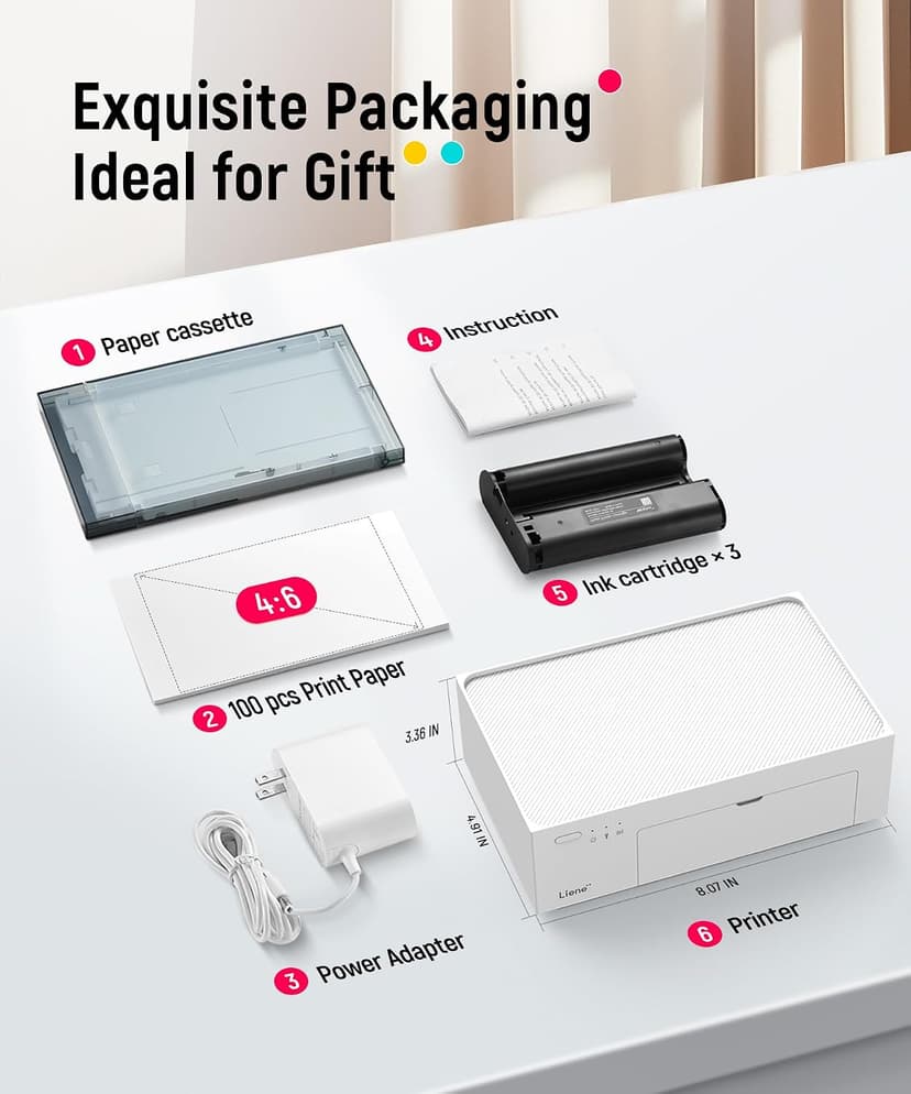 Liene M100 4x6'' Photo Printer, Phone Printer 100 Sheets & 3 Cartridges, Full-Color Photo, Portable Instant Photo Printer for iPhone Android, Thermal Dye Sublimation, Wi-Fi Picture Printer 100 Papers B09XHYNHB2