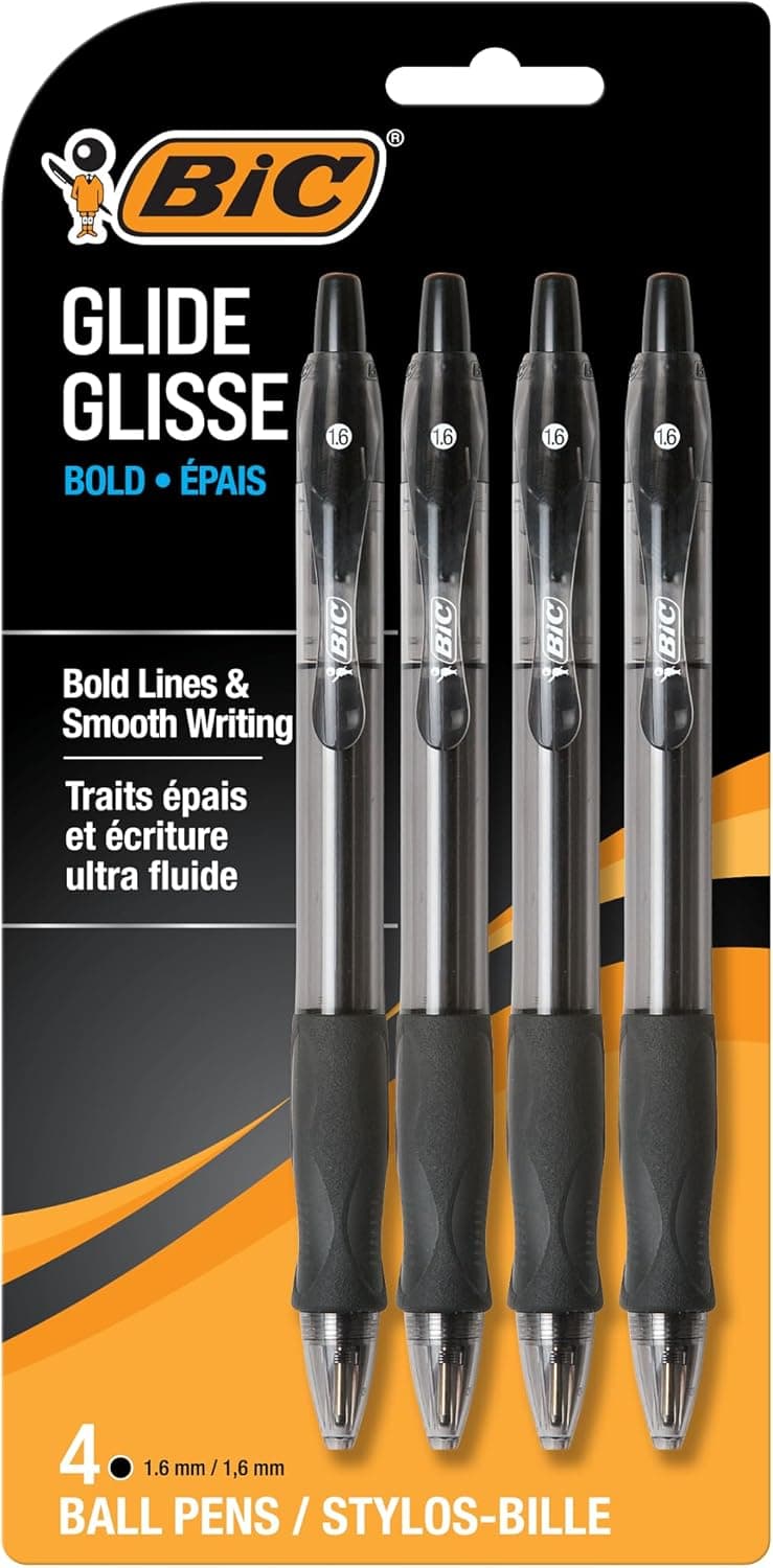 BIC Glide Bold Black Ballpoint Pens, Bold Point (1.6mm), 4-Count Pack, Retractable Ballpoint Pens With Comfortable Full Grip