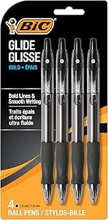 BIC Glide Bold Black Ballpoint Pens, Bold Point (1.6mm), 4-Count Pack, Retractable Ballpoint Pens With Comfortable Full Grip