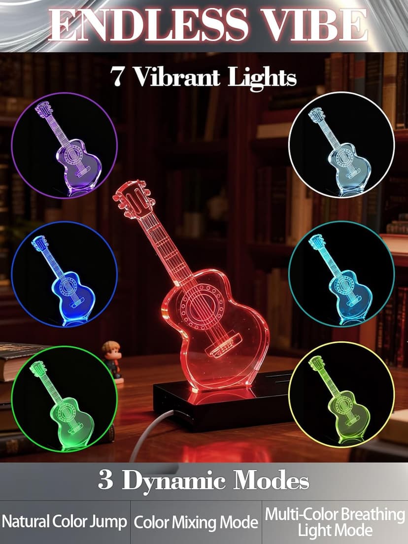 Apipi Light Up Guitar Picks Holder Gifts for Players - 7 Color Changing Acrylic Guitar Night Light with USB-Powered Base
