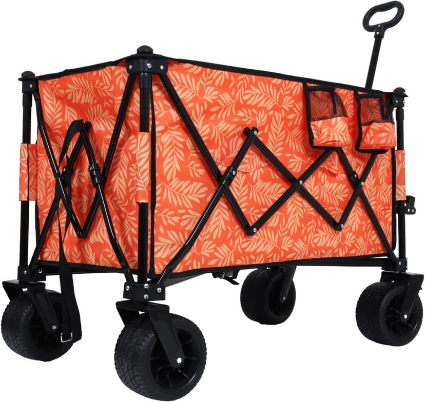 480Lbs Collapsible Wagon with Canopy, 7" All-Terrain Wheels, Orange Steel Push or Pull Versatility Camping, Shopping, Sports, Garden Stylish Design