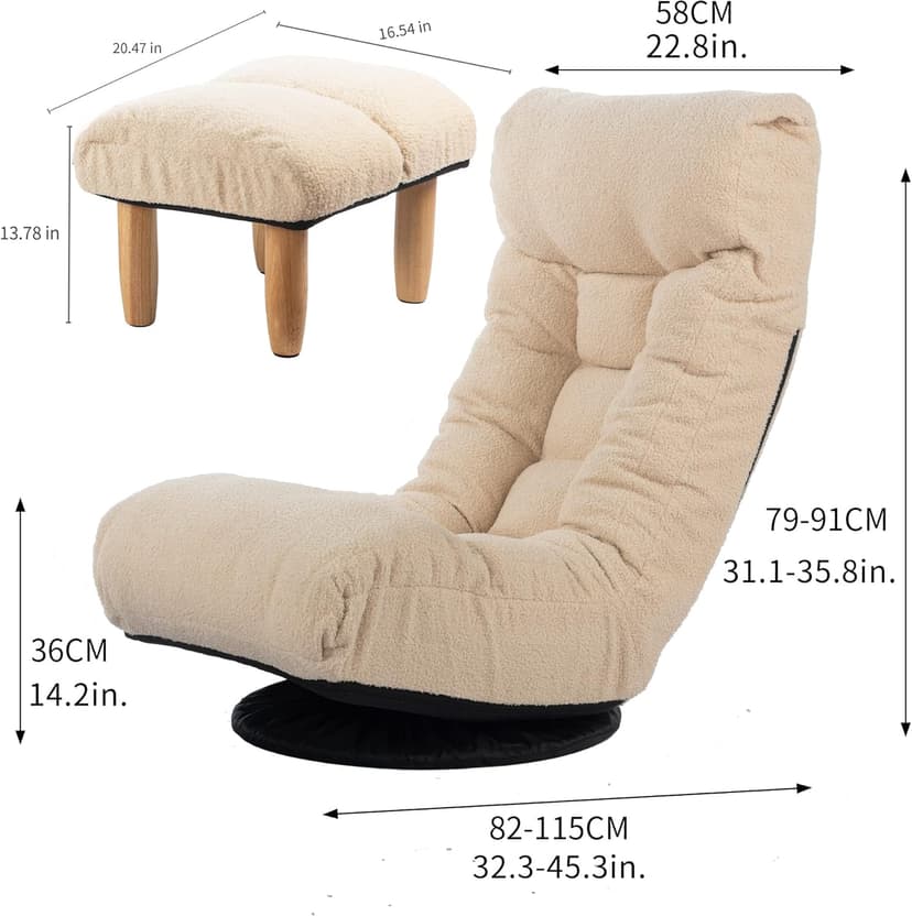 Swivel Lazy Floor Chair with Ottoman, Adjustable Reclining Floor Lounger with Back Support, Comfy Tatami Sofa Seat for Adults Bedroom & Gaming