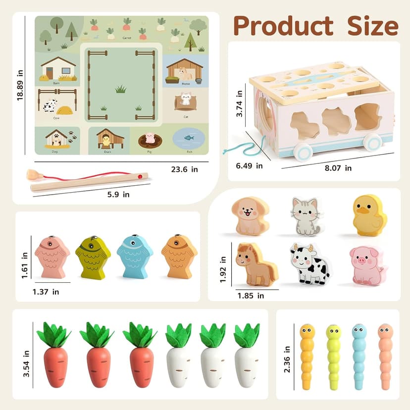 with Fishing Game, Pull-Along Storage Cart, Gears & Play Mat for Fine Motor Play First Birthday Gift for Boys & Girls Ages 1+ Fajiabao Wooden Montessori Toys for 1 Year Old, 7-in-1 Farm Activity Toy B0GL66PD6W