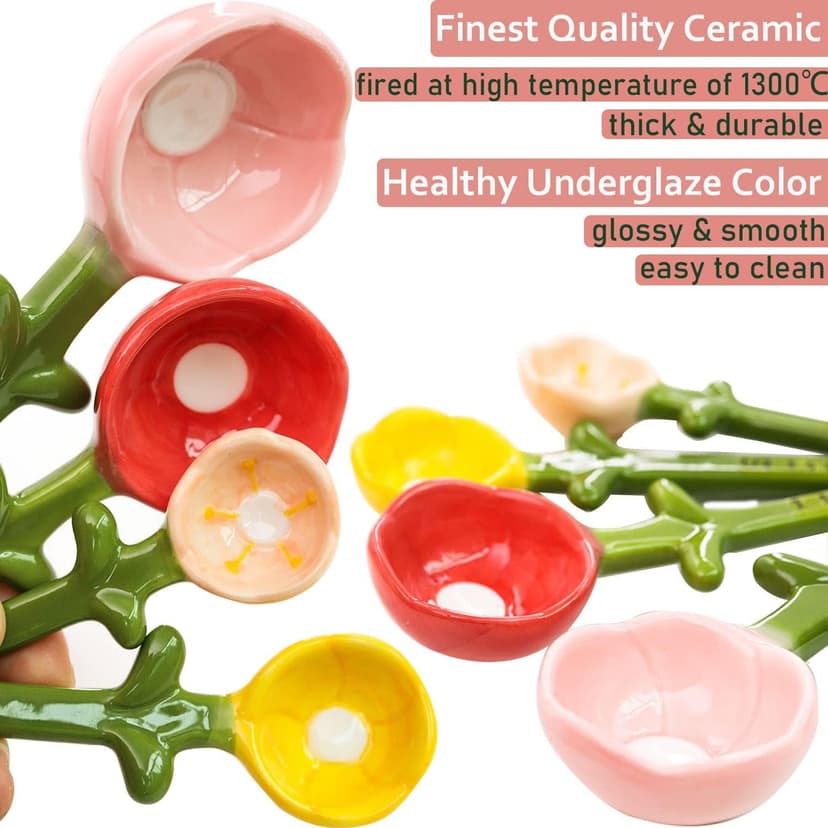 Flower Measuring Spoons Set in Pot Unique Baking Gifts Ceramic Cute Measuring Cups and Spoons with Holder for Dry Wet Ingredients Dishwasher Safe Pink B0BTX9KGZQ