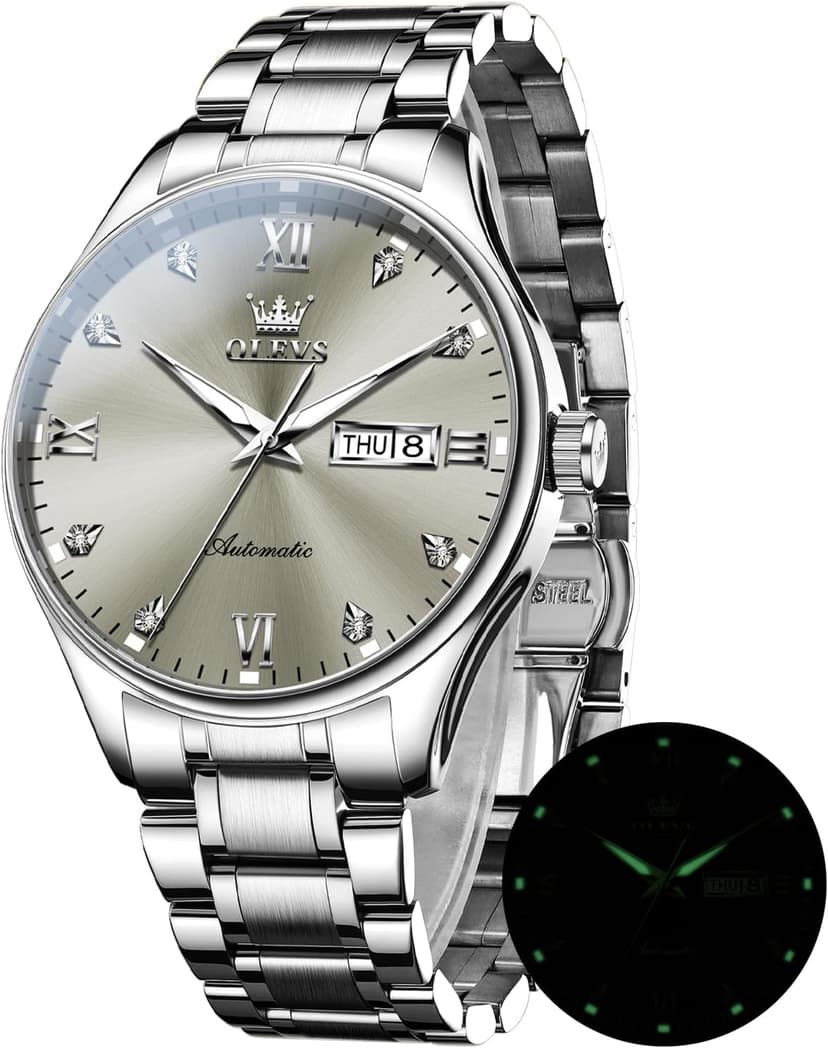 OLEVS Automatic Watches for Men Self Winding Mechanical Wristwatch Luxury Business Dress Stainless Steel Luminous Waterproof Calendar Mens Watch