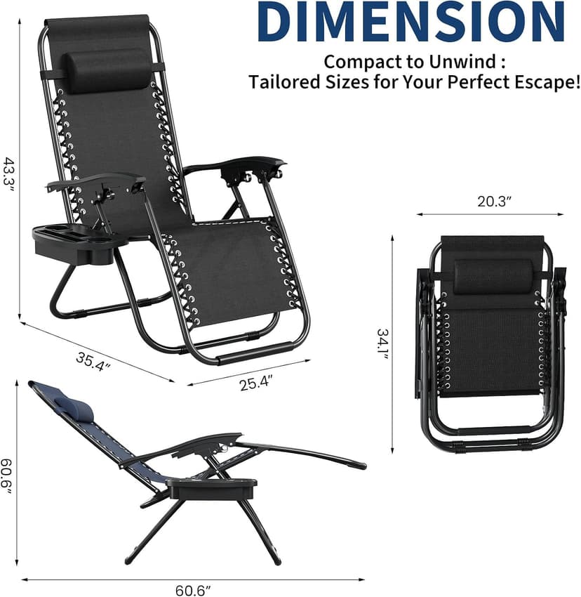 Garvee Zero Gravity Chair Set of 2, Patio Lounge Chair Outdoor with Pillow & Cup Holder Tray, Adjustable Reclining Chair, Folding Portable Camping Chair for Deck, Beach, Yard, Garden - Black
