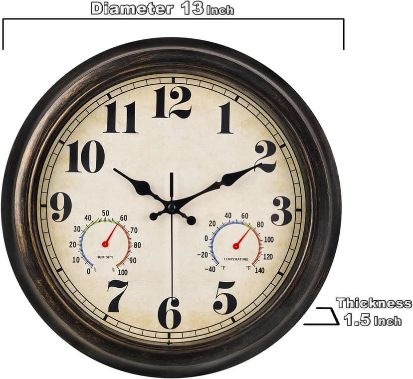 zyzamay 13 Inch Outdoor Clock with Thermometer and Hygrometer, Waterproof and Silent, Large Easy-to-Read Numbers, Ideal for Bedroom,Office,Living Room,Porch,Garden,Pool(BlackGold)
