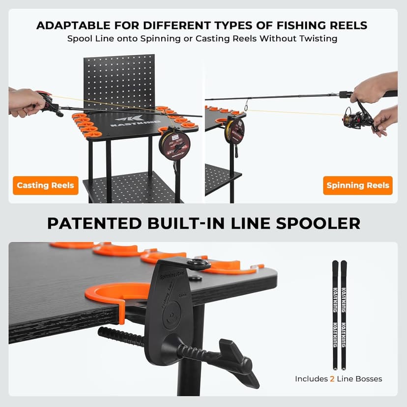 KastKing V10 Gear Trolley, Indoor Fishing Rod Holder for 10 Combos, 3-Tier Fishing Accessory Shelves With Peg Wall, Patented Built-in Line Spooler, Mobile Tackle Storage Cart With Locking Wheels