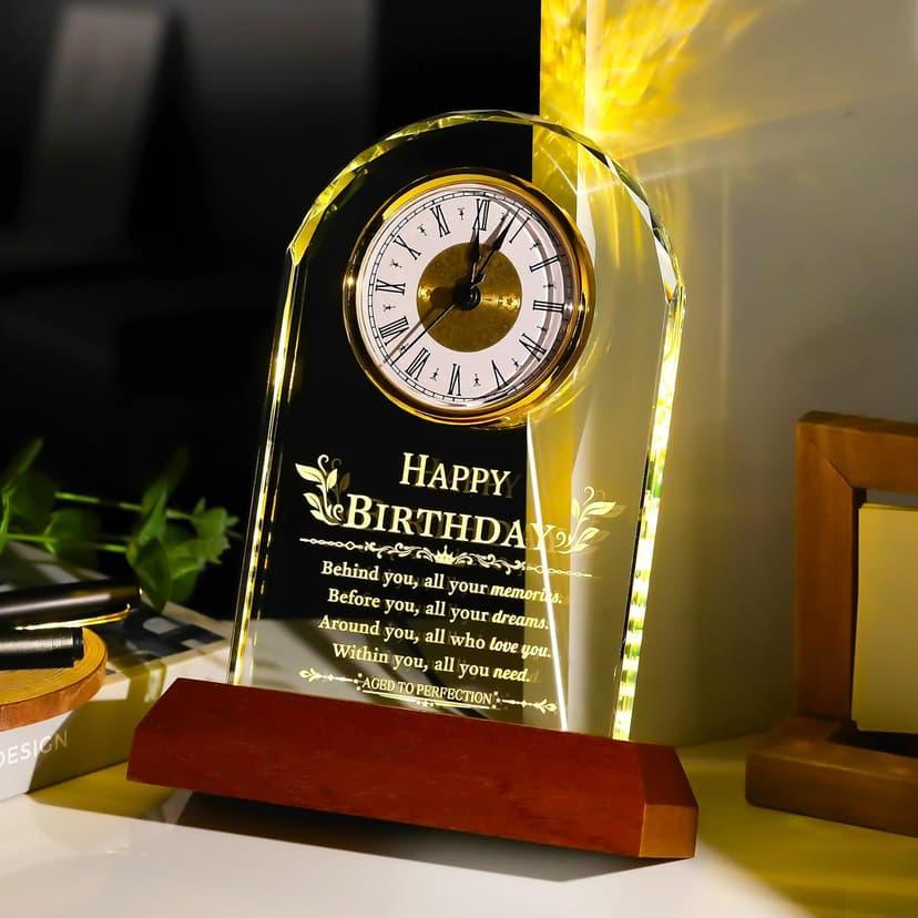 with Wooden LED Light Base, Happy Birthday Keepsake, for Woman Man Her Him Mom Dad Friend, Home Decor Ornalrist Happy Birthday Gifts for Men Women Glass Quartz Clock Keepsake B0GR57JH79