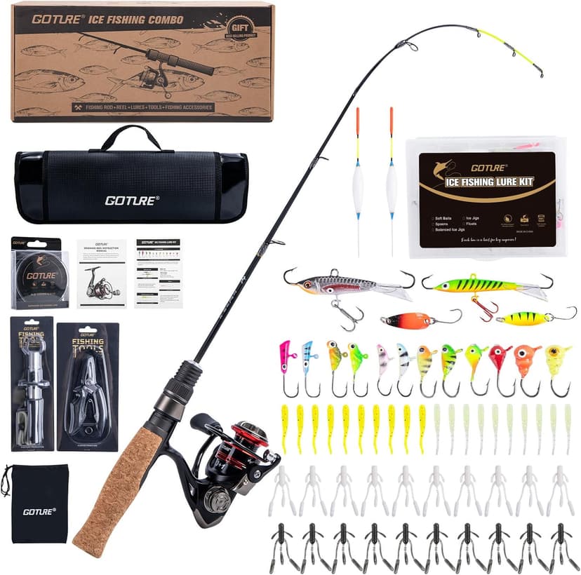 Goture Ice Fishing Rod and Reel Combo with Carry Bag, 24''Medium Spinning Ice Fishing Pole, 58Pcs Jigs & Lures with Storage Box, Line,Fish Gripper, Pliers and Tools for Trout Bass Walleye