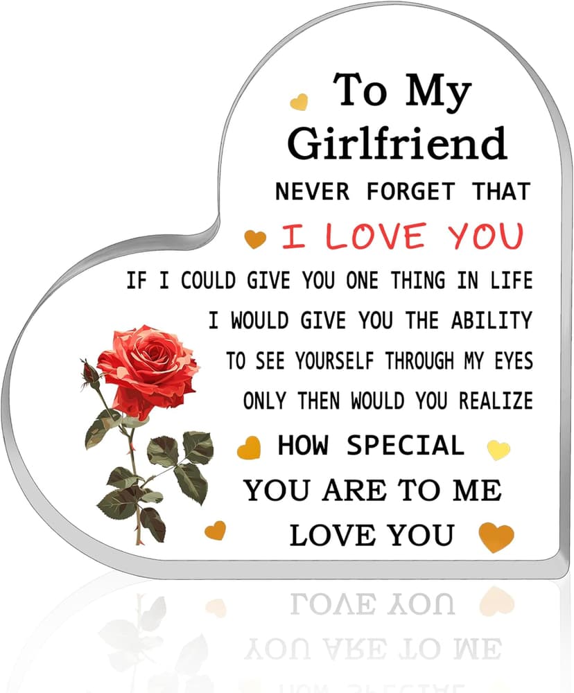 To My Girlfriend I Love You Floral Rose Sign Valentines Christmas Birthday Anniversary Present Bedroom Office Decor for Her Heart Shaped Acrylic Desk Plaque Romantic Gifts for Girlfriend Women