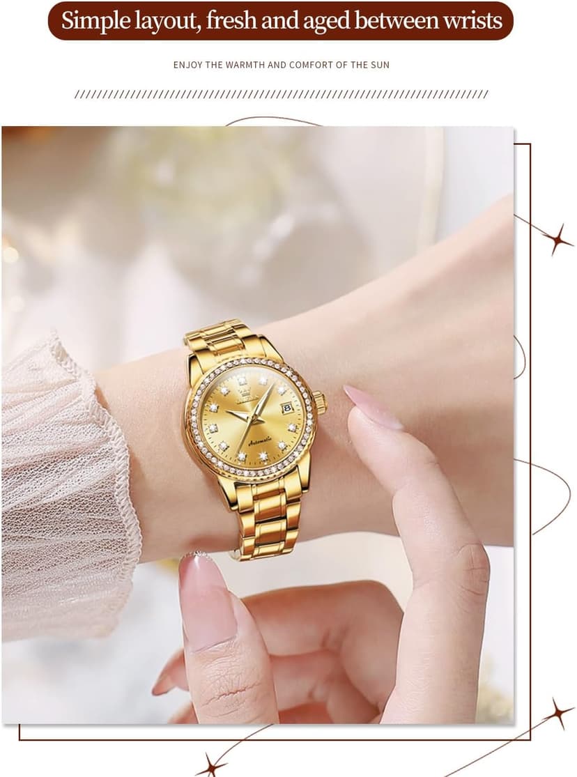 OLEVS Womens Diamond Watches Automatic Mechanical Gold Luxury Dress Ladies Self Winding Original Stainless Steel Wrist Watch