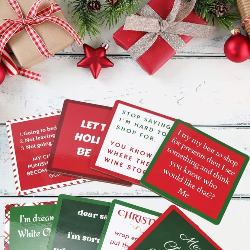 Christmas Coasters | Funny Cork Coasters | 8 in Gift Box | Hostess Gifts (Holiday)