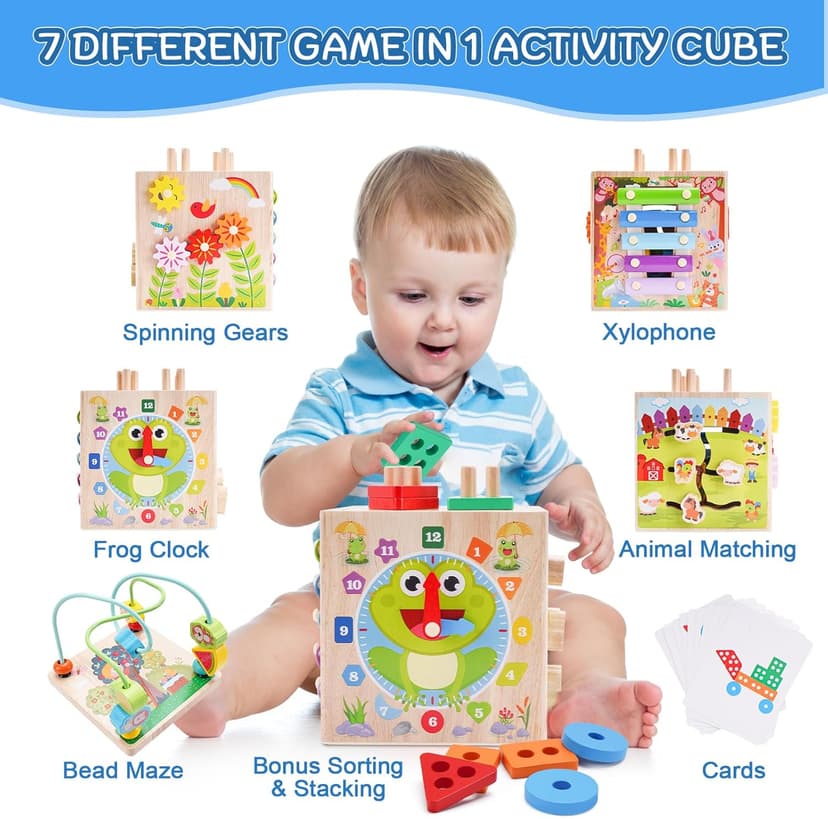 Wooden Activity Cube | Montessori Toys for 1 2 3 Year Old Toddlers | One Year Old 1st First Birthday Gift | Educational Toys for 12+ Months Baby Boys Girls | Bonus Sorting & Stacking Game (Pink)