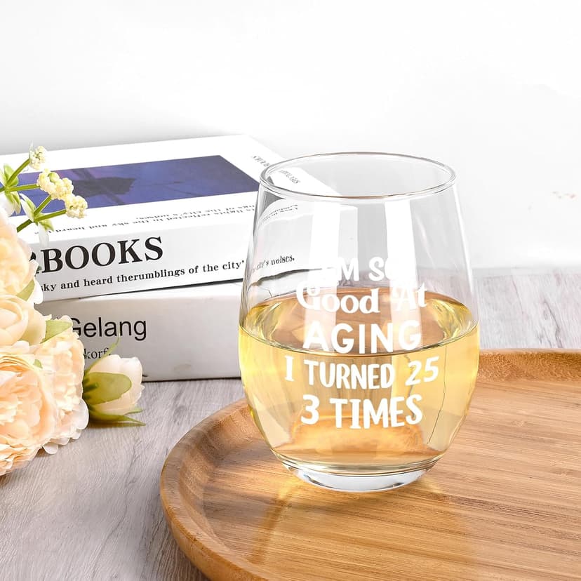 Futtumy 75th Birthday Gifts for Women, Turned 25 3 Times Wine Glass, Gifts for 75th Birthday Women Mom Grandma Wife Daughter Sister Friend Aunt Female, Funny 75th Birthday Decoration for Her, 17oz B0GKP1QFRF