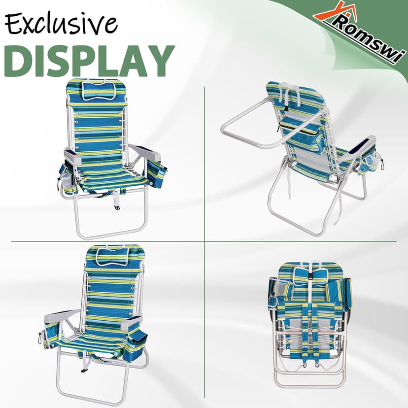 Romswi Tall Beach Chair Extra Wide for Adults, 17" High Seat Backpack Beach Chair with Cooler Bag, Cup & Phone Holder, 5-Position High Back Reclining Chair with Towel Bar & Zipper Pocket, Blue Stripes