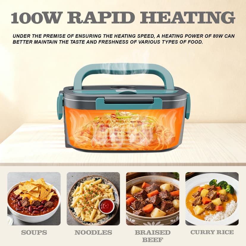 Buddew Electric Heated Lunch Box, 100W Fast Heating, 1.5L Food-Grade 304 Stainless Steel, 12V/24V/110V Portable Food Warmer for Car Truck Office Adults, Lonchera Electrica Portatil (Green) B09G2X39MK