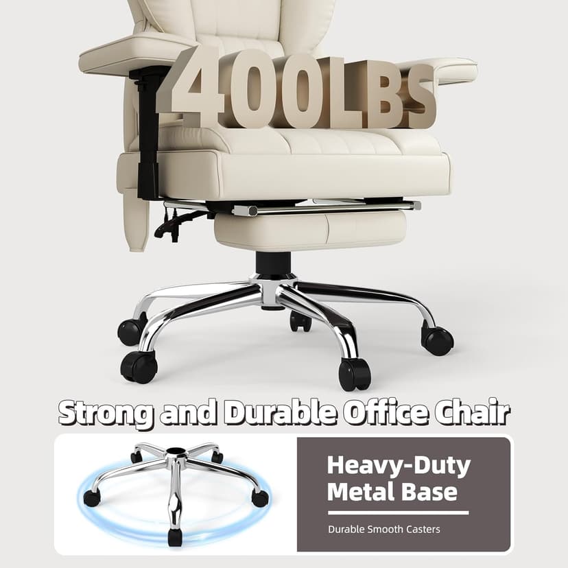Massage Office Chair with Heat - 6 Points Vibration 400LBS Leather Reclining Office Chair with Lumbar Pillow, Adjust Headrest and Armrest, Executive Desk Chair for Home Office, Beige